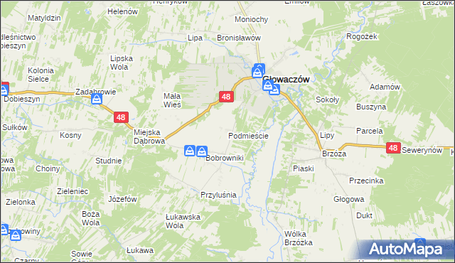 mapa Podmieście gmina Głowaczów, Podmieście gmina Głowaczów na mapie Targeo