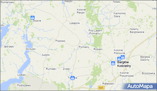 mapa Pomiany gmina Bargłów Kościelny, Pomiany gmina Bargłów Kościelny na mapie Targeo