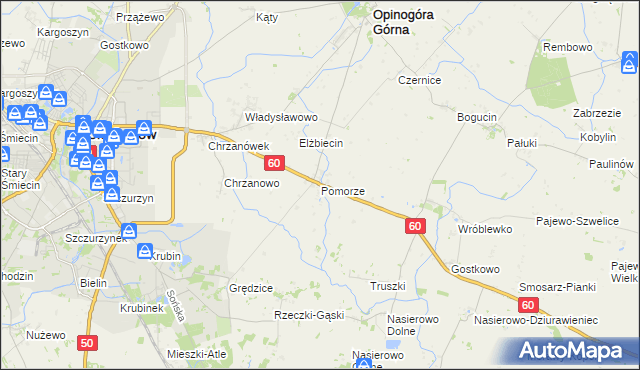 mapa Pomorze gmina Opinogóra Górna, Pomorze gmina Opinogóra Górna na mapie Targeo