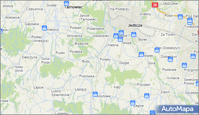 mapa Poręby gmina Jedlicze, Poręby gmina Jedlicze na mapie Targeo