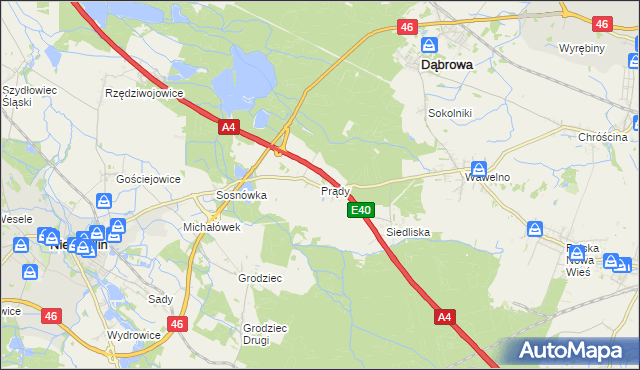 mapa Prądy gmina Dąbrowa, Prądy gmina Dąbrowa na mapie Targeo