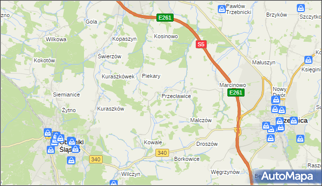 mapa Przecławice gmina Oborniki Śląskie, Przecławice gmina Oborniki Śląskie na mapie Targeo
