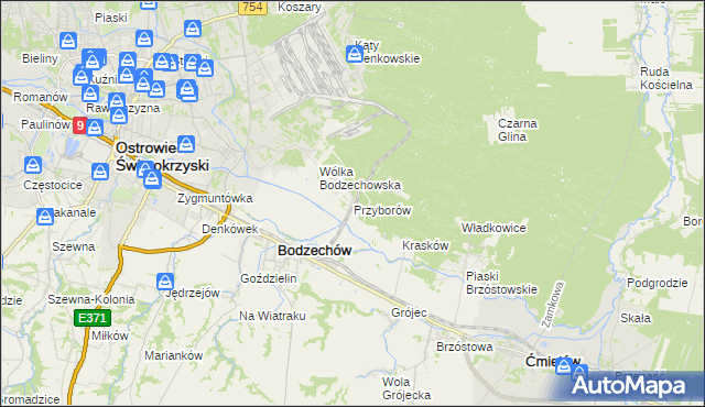 mapa Przyborów gmina Bodzechów, Przyborów gmina Bodzechów na mapie Targeo