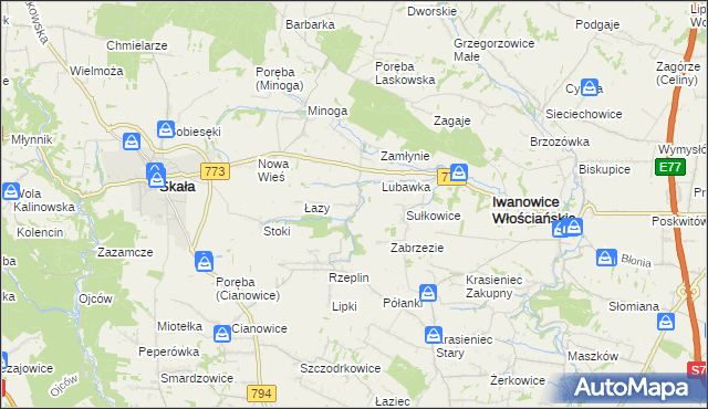 mapa Przybysławice gmina Skała, Przybysławice gmina Skała na mapie Targeo