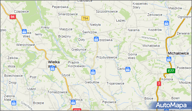 mapa Przybysławice gmina Zielonki, Przybysławice gmina Zielonki na mapie Targeo