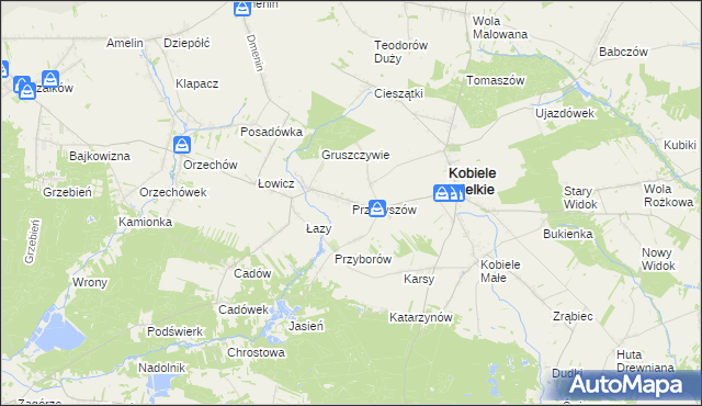 mapa Przybyszów gmina Kobiele Wielkie, Przybyszów gmina Kobiele Wielkie na mapie Targeo