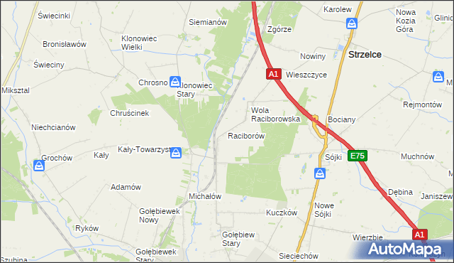 mapa Raciborów gmina Kutno, Raciborów gmina Kutno na mapie Targeo