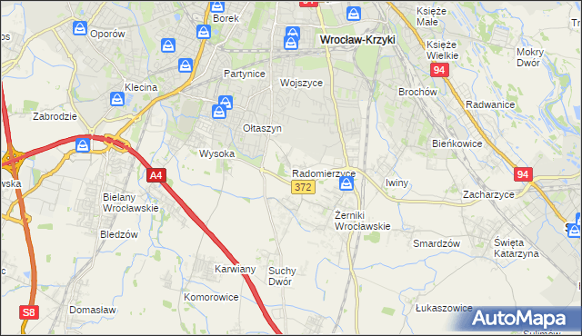 mapa Radomierzyce gmina Siechnice, Radomierzyce gmina Siechnice na mapie Targeo