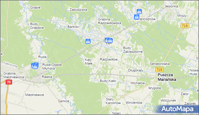 mapa Radziwiłłów gmina Puszcza Mariańska, Radziwiłłów gmina Puszcza Mariańska na mapie Targeo