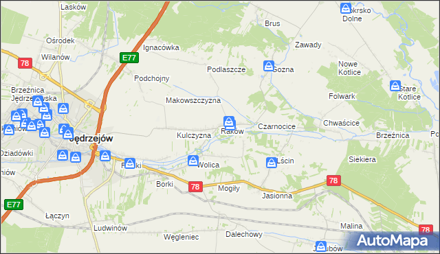 mapa Raków gmina Jędrzejów, Raków gmina Jędrzejów na mapie Targeo