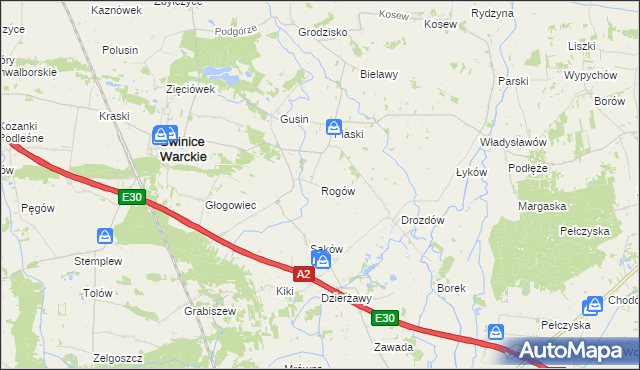 mapa Rogów gmina Świnice Warckie, Rogów gmina Świnice Warckie na mapie Targeo