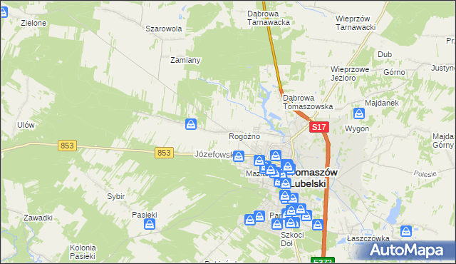 mapa Rogóźno gmina Tomaszów Lubelski, Rogóźno gmina Tomaszów Lubelski na mapie Targeo