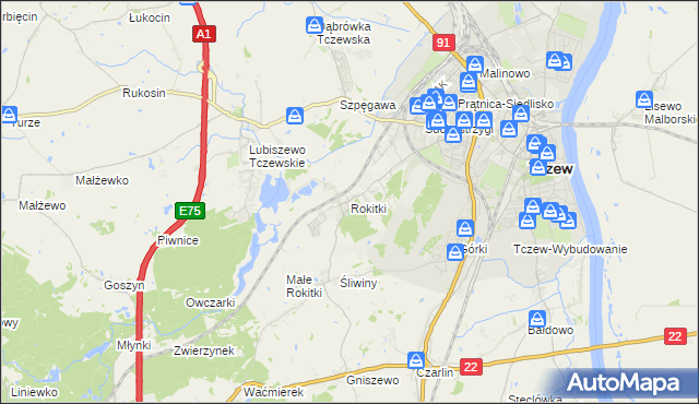 mapa Rokitki gmina Tczew, Rokitki gmina Tczew na mapie Targeo