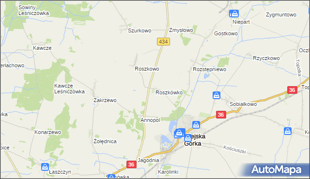mapa Roszkówko gmina Miejska Górka, Roszkówko gmina Miejska Górka na mapie Targeo