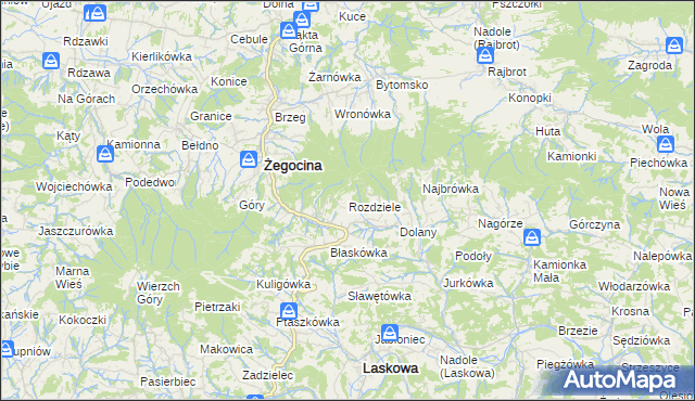 mapa Rozdziele gmina Żegocina, Rozdziele gmina Żegocina na mapie Targeo