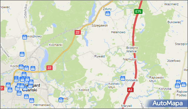 mapa Rywałd gmina Starogard Gdański, Rywałd gmina Starogard Gdański na mapie Targeo
