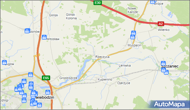 mapa Rzeczyca gmina Świebodzin, Rzeczyca gmina Świebodzin na mapie Targeo