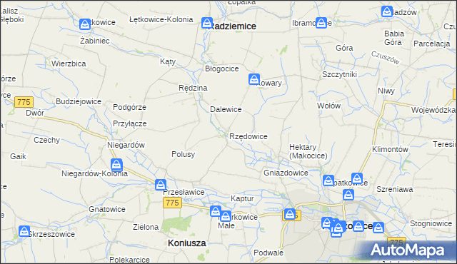 mapa Rzędowice gmina Koniusza, Rzędowice gmina Koniusza na mapie Targeo