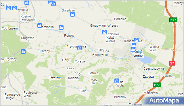 mapa Rzędowice gmina Książ Wielki, Rzędowice gmina Książ Wielki na mapie Targeo