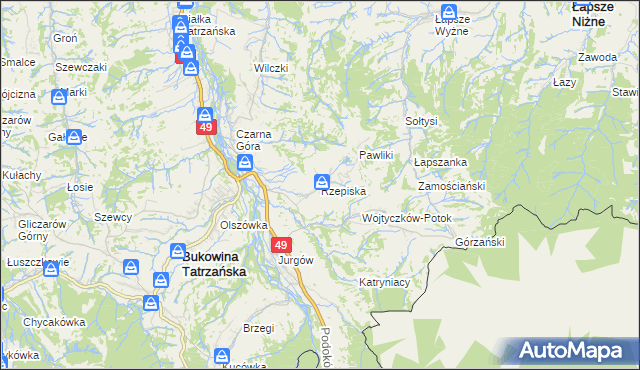 mapa Rzepiska gmina Bukowina Tatrzańska, Rzepiska gmina Bukowina Tatrzańska na mapie Targeo