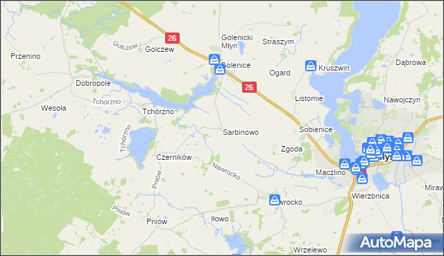 mapa Sarbinowo gmina Myślibórz, Sarbinowo gmina Myślibórz na mapie Targeo