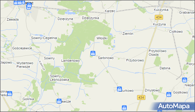 mapa Sarbinowo gmina Poniec, Sarbinowo gmina Poniec na mapie Targeo