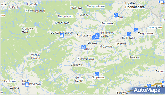 mapa Sidzina gmina Bystra-Sidzina, Sidzina gmina Bystra-Sidzina na mapie Targeo