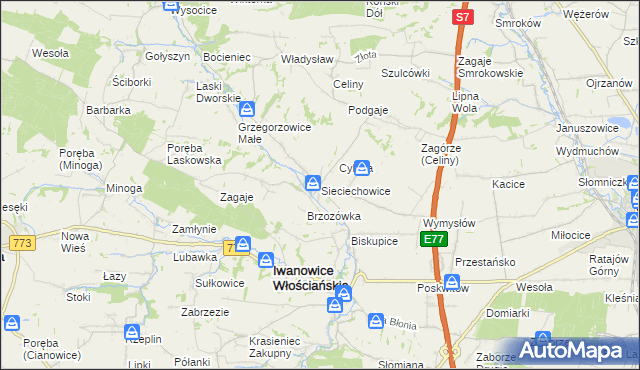 mapa Sieciechowice gmina Iwanowice, Sieciechowice gmina Iwanowice na mapie Targeo