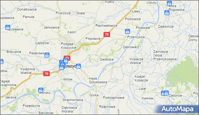 mapa Siedliska gmina Koszyce, Siedliska gmina Koszyce na mapie Targeo