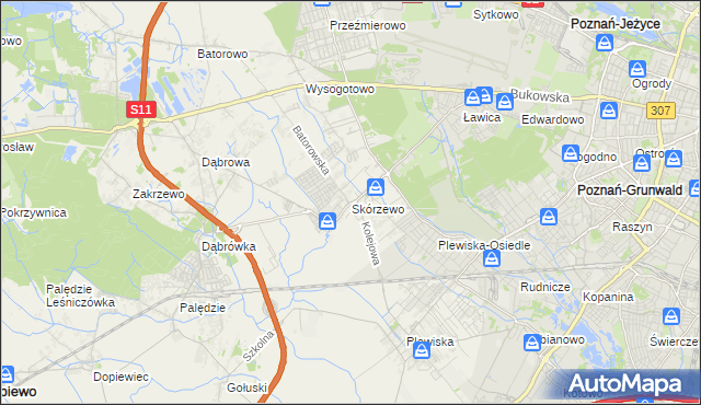 mapa Skórzewo gmina Dopiewo, Skórzewo gmina Dopiewo na mapie Targeo
