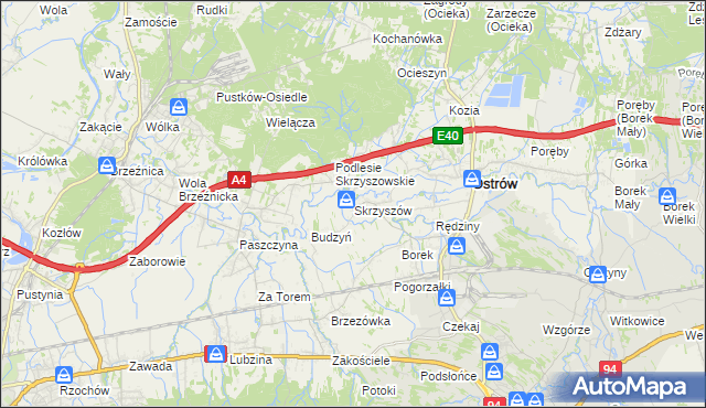 mapa Skrzyszów gmina Ostrów, Skrzyszów gmina Ostrów na mapie Targeo