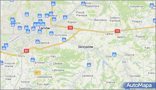 mapa Skrzyszów powiat tarnowski, Skrzyszów powiat tarnowski na mapie Targeo