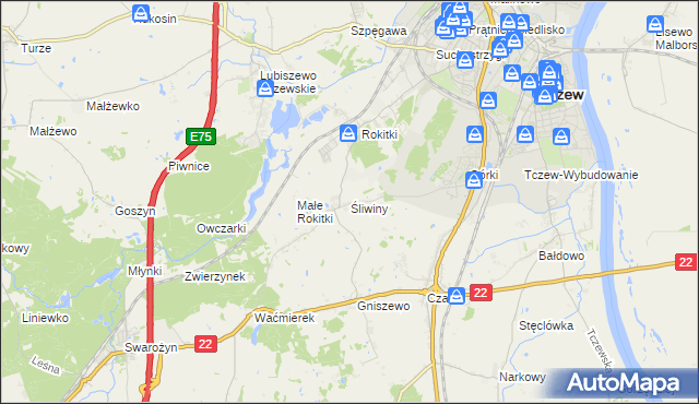 mapa Śliwiny gmina Tczew, Śliwiny gmina Tczew na mapie Targeo