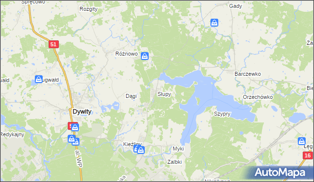mapa Słupy gmina Dywity, Słupy gmina Dywity na mapie Targeo