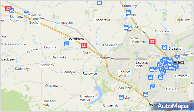 mapa Smardzew gmina Wróblew, Smardzew gmina Wróblew na mapie Targeo
