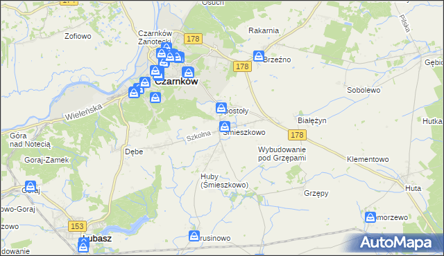 mapa Śmieszkowo gmina Czarnków, Śmieszkowo gmina Czarnków na mapie Targeo