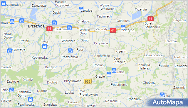 mapa Sosnowice gmina Brzeźnica, Sosnowice gmina Brzeźnica na mapie Targeo