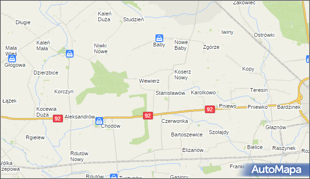 mapa Stanisławów gmina Chodów, Stanisławów gmina Chodów na mapie Targeo