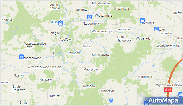 mapa Stanisławów gmina Wodzierady, Stanisławów gmina Wodzierady na mapie Targeo