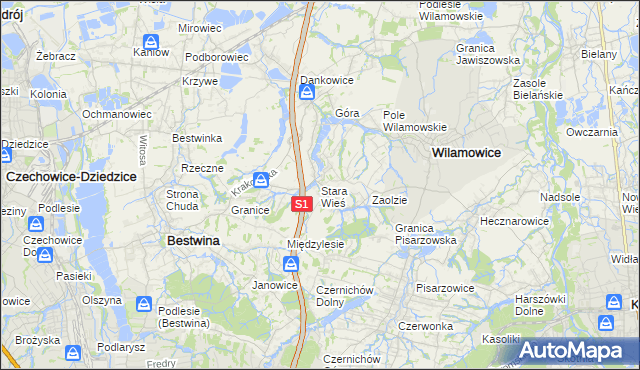 mapa Stara Wieś gmina Wilamowice, Stara Wieś gmina Wilamowice na mapie Targeo