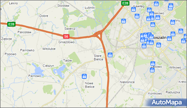 mapa Stare Bielice gmina Biesiekierz, Stare Bielice gmina Biesiekierz na mapie Targeo