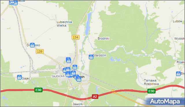 mapa Starościn gmina Rzepin, Starościn gmina Rzepin na mapie Targeo