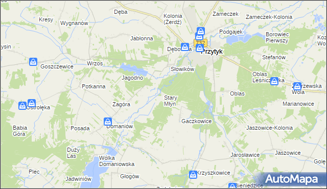 mapa Stary Młyn gmina Przytyk, Stary Młyn gmina Przytyk na mapie Targeo