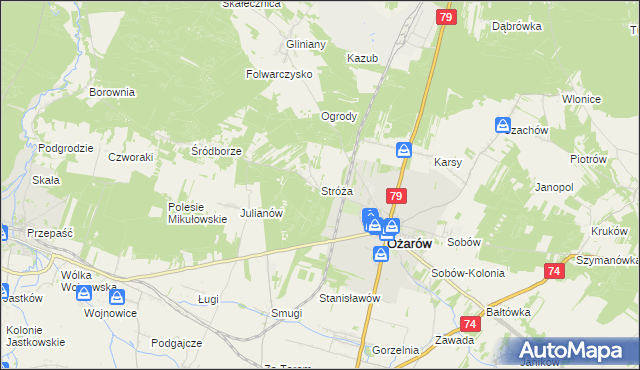 mapa Stróża gmina Ożarów, Stróża gmina Ożarów na mapie Targeo