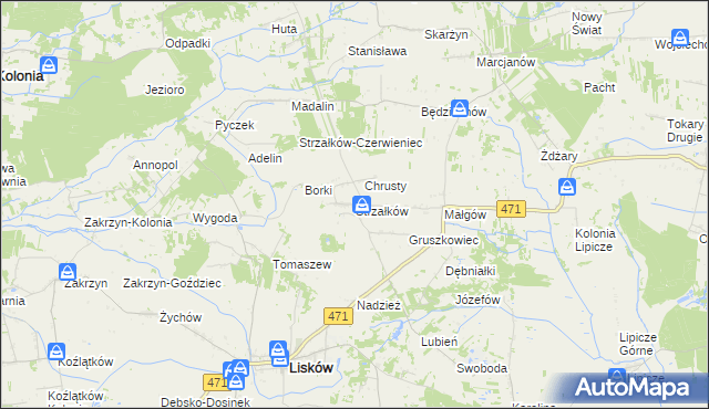 mapa Strzałków gmina Lisków, Strzałków gmina Lisków na mapie Targeo