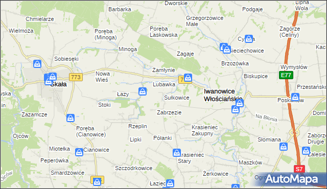 mapa Sułkowice gmina Iwanowice, Sułkowice gmina Iwanowice na mapie Targeo