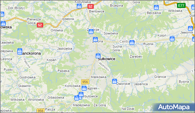 mapa Sułkowice powiat myślenicki, Sułkowice powiat myślenicki na mapie Targeo