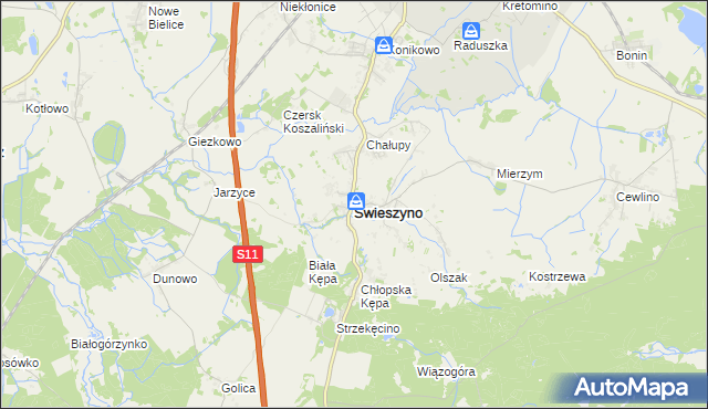 mapa Świeszyno powiat koszaliński, Świeszyno powiat koszaliński na mapie Targeo