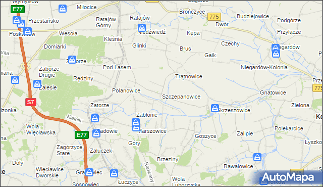 mapa Szczepanowice gmina Słomniki, Szczepanowice gmina Słomniki na mapie Targeo