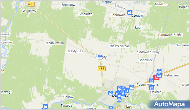 mapa Szczyty gmina Działoszyn, Szczyty gmina Działoszyn na mapie Targeo